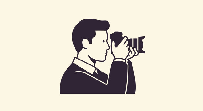 Professional Photographer Profile Silhouette Holding a Digital DSLR Camera and Taking a Picture - Minimalist Vector Illustration