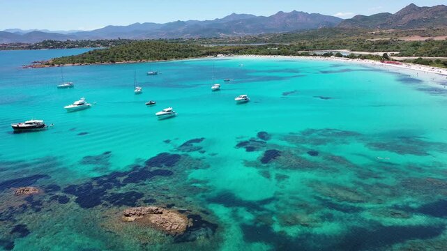 4K Aerial View of Cala Brandinchi SARDINIA  , Lu Impostu Bays. Cinematic aerial Drone Flight over Little Tahiti Turquoise Sea and White Sand. San Teodoro  Best beaches of Sardegna and Europe tahity 4k