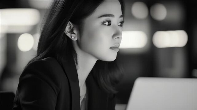 Young Asian woman wearing a black jacket sitting in an office, looking thoughtful or contemplative.