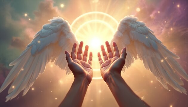 Man reaches up with open hands towards bright angelic wings, light streams down. Ethereal energy formation and sparkles fill warm sky. Divine connection moment, spiritual uplift, hope.