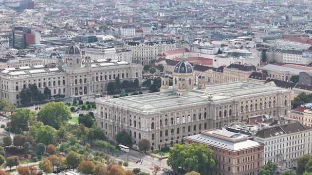 Drone aerial of Maria Theresien Platz featuring twin museums Kunsthistorisches and Naturhistorisches in Vienna Austria.