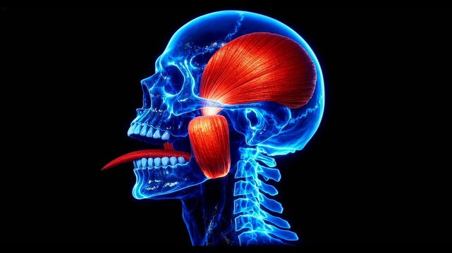 3D anatomical animation of jaw muscle contraction. Glowing blue neon skull with red masseter muscles tensing and flexing to demonstrate mastication in a futuristic X-ray style.
