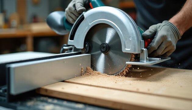 Carpenter wears gloves using circular saw to cut wood plank. Sawdust flies as tool cuts timber. Safety guard is in place during woodworking task.