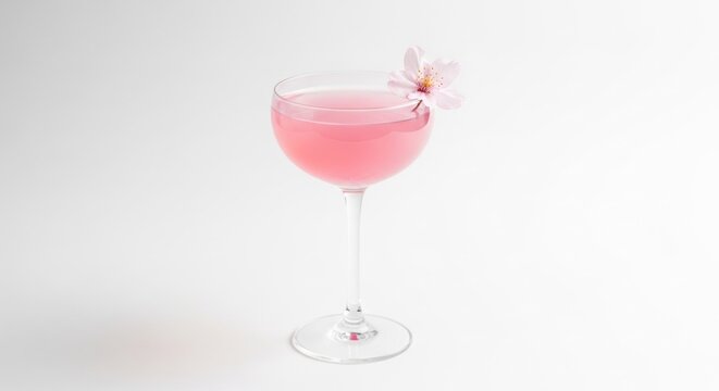 Elegant Pink Cocktail with Floral Garnish on White Background.