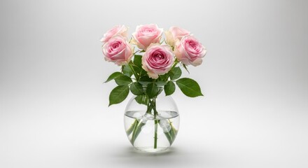 Obraz premium Elegant Pink Roses in a Glass Vase on White Background.