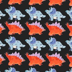 Seamless pattern with cute dinosaurs: stegosaurus and triceratops on dark background. Bright cartoon style, kids design, perfect for textile, wallpaper, packaging and children products. © Aneta