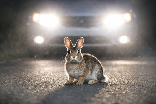 A rabbit frozen in car headlights, symbolizing panic, hesitation, fear, and the inability to act under pressure.
