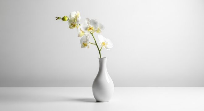 Elegant white orchid in a vase against a minimalist background.