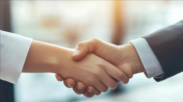 Two business people shaking hands at a meeting, symbolizing a partnership or agreement.