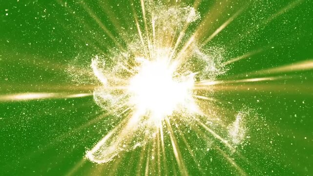 Bright energetic explosion of light and particles radiating outwards on a vibrant green background.