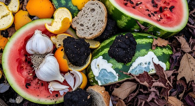 Rotten fruit and vegetables with mold and leaves on the ground outside