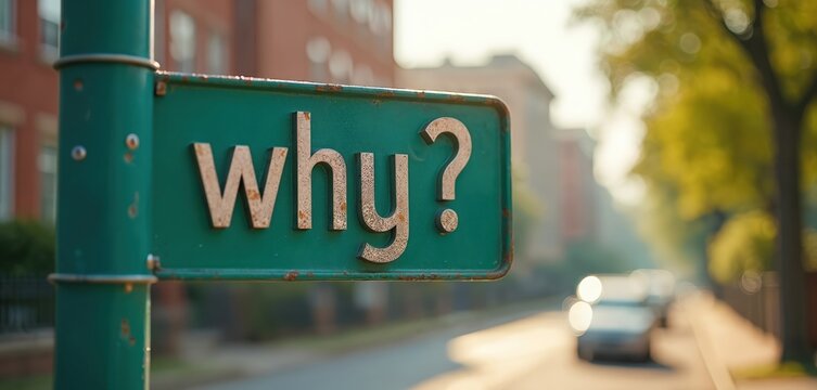 Street sign asks why on a city street during daytime. Buildings and trees form urban neighborhood backdrop with blurred cars and pedestrians visible. Sign prompts contemplation and questioning.