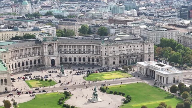 Aerial of Hofburg complex focusing on Heldenplatz and Neue Burg wing.