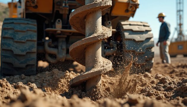 Heavy drill bit bores into dirt earth. Construction worker watches industrial machinery work on drilling site. Water well installation in progress, soil flies. Heavy equipment operates.