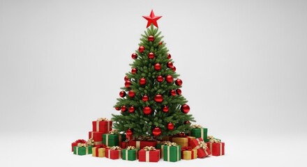 Naklejka premium Festive Christmas Tree with Red Ornaments and Gift Boxes.