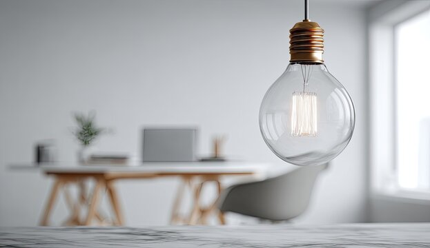 Modern Office Interior with Hanging Light Bulb and Desk.