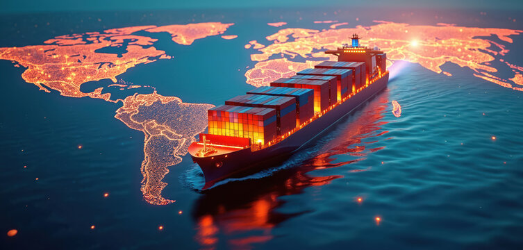 Container ship sails on ocean past glowing world map showing global trade routes. Modern logistic vessel carries cargo across blue sea. International transport network concept with digital data