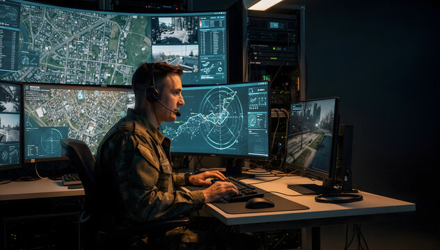 Focused Specialist in Tactical Gear Monitors Complex Data and Operational Information Across Multiple Displays in a Highly Secure, Darkened Control Room