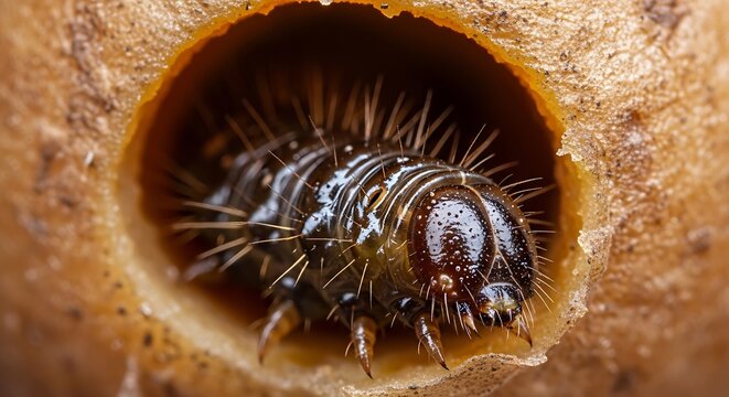 A hairy caterpillar with sharp spines and legs curled up in a hole