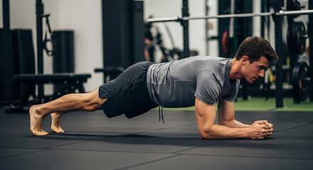 Fototapeta premium Man doing a plank exercise in gym.