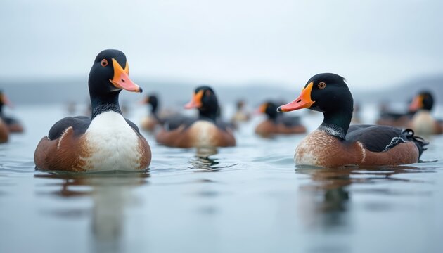 Male King Eider ducks swim on cool ocean water near shore. Birds have black heads white chests brown flanks orange beaks. Flock gathers at sea.