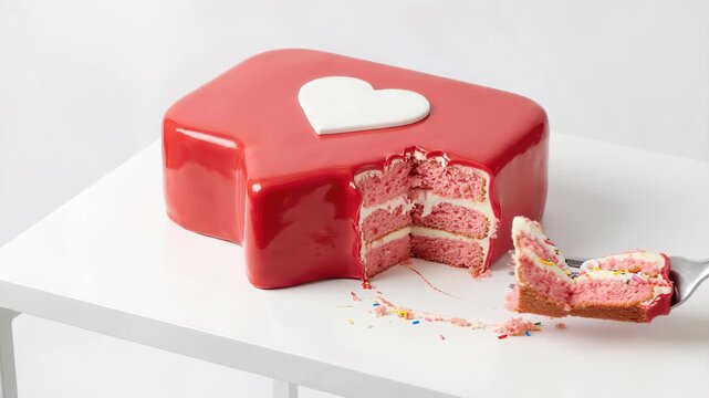 Hand using a fork to slice into a glossy red social media heart icon cake, revealing colorful pink layers and sprinkles inside on a minimalist white table background.