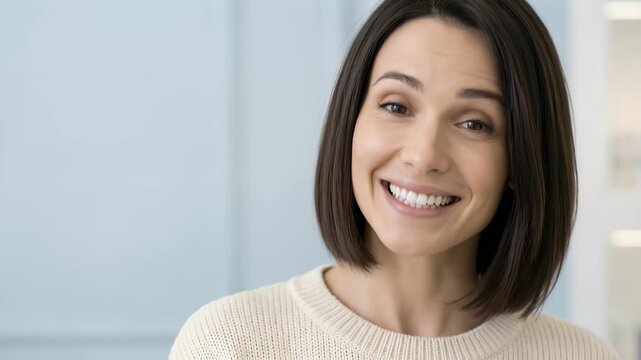 A smiling young brunette woman with a bob haircut wearing a cozy white sweater looks directly into the camera lens with a friendly expression in a bright and clean studio environment