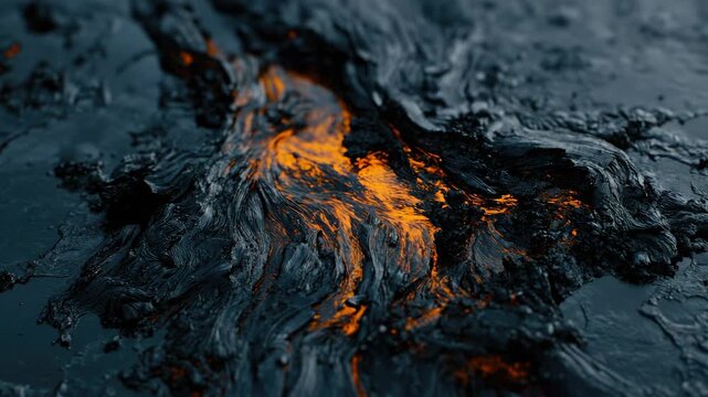 A close-up of molten red lava with black, cooled rock formations and cracks indicating recent geological activity, possibly due to an earthquake.