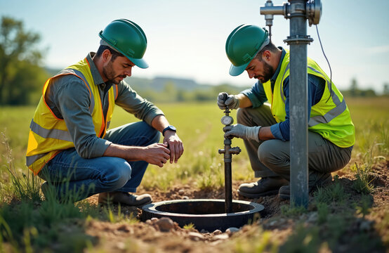 Two male workers in hard hats and safety vests inspect utility pipes and meter near well. They are crouching in grassy rural field on sunny day. Teamwork is essential for this maintenance task.
