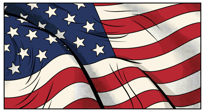 Vintage comic style american flag waving in red white and blue