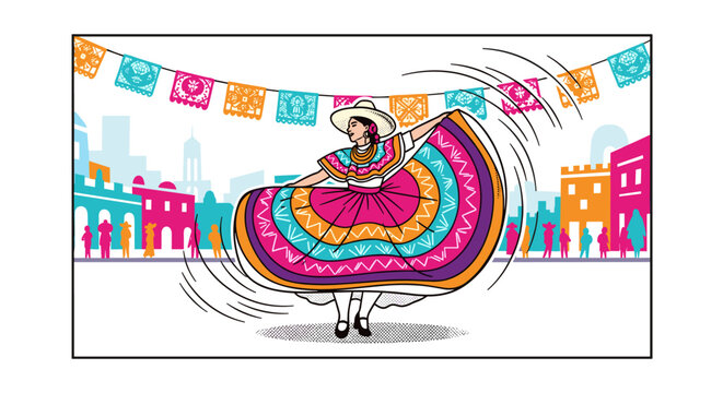 Colorful mexican folklore dance in vibrant urban setting with festive