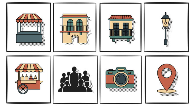 Vintage street scene elements in retro style: lamps stalls and