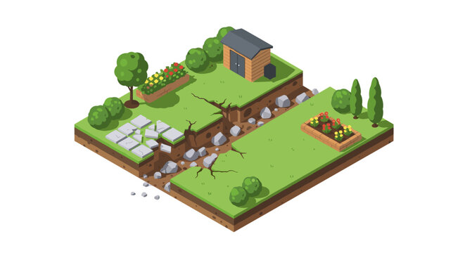 Isometric garden with earthquake cracks and vegetation