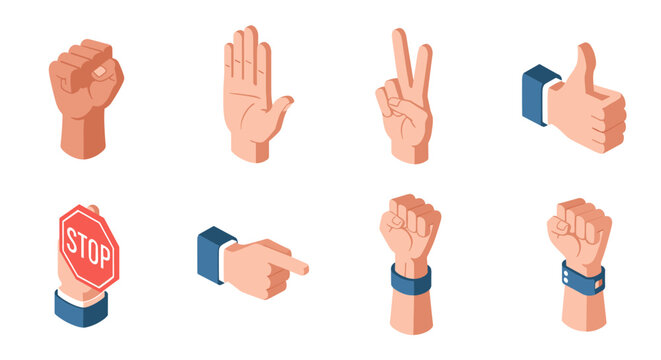 Isometric hand gestures collection: fist stop thumbs up victory