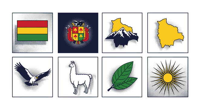 Bolivia icons set: flag map llama eagle and symbols in pop art style