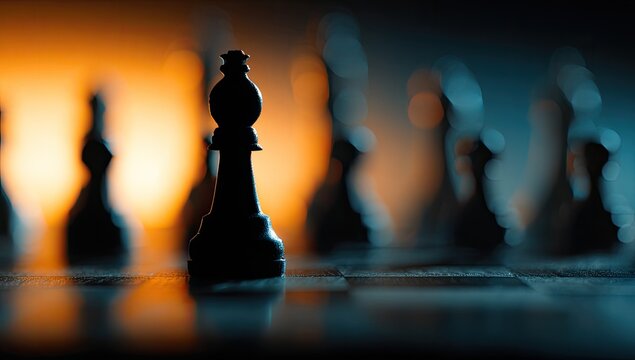Silhouette of a lone chess bishop standing on a chessboard.