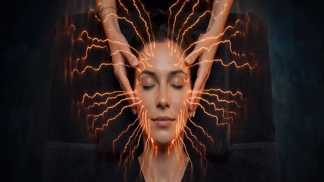 Futuristic facial treatment concept showing a relaxed woman receiving a massage with glowing electrical energy currents flowing across her face and the therapist's hands.