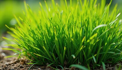 Obraz premium Green cyperus rotundus grass clump grows from soil. Close up of nutgrass plant with thin green leaves in sunlight. Weed identification and lawn care concept.