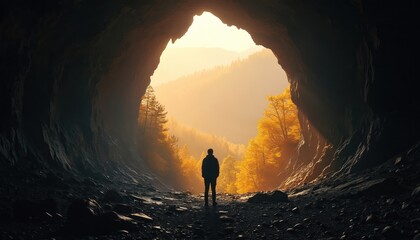 Fototapeta premium Man stands at cave mouth looking at sunlit forest valley. Person observes golden autumn trees in mountainous nature landscape. Outdoor journey begins from dark cavern.
