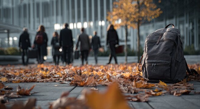 Autumn scene with people walking past a backpack on fallen leaves.