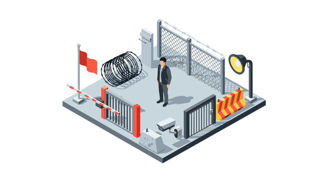 Isometric security checkpoint: urban border control with guard gate
