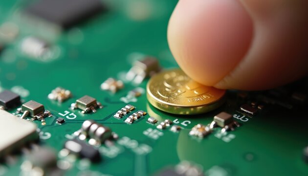 Finger places round coin battery onto green electronic circuit board. Small components and microchips are visible on motherboard. Tech hardware assembly and repair.