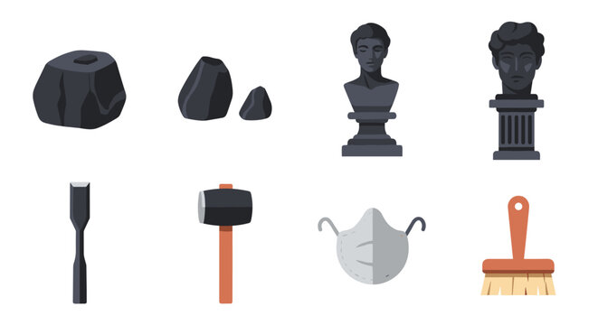 Ancient sculpting tools and busts with chisel and mallet in flat