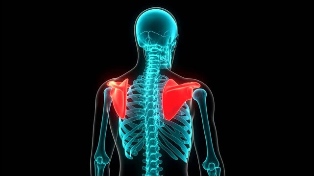 3D medical animation of a rotating human scapula. Features a glowing blue neon skeletal structure with the shoulder blade highlighted in red in a futuristic X-ray style.
