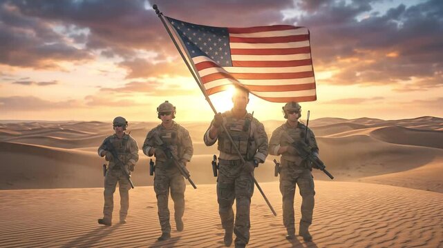 Heroic American soldiers marching with the US flag.