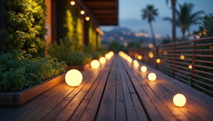 Obraz premium Modern wooden deck at twilight features orb lights lining path. Vertical garden with green plants grows beside deck. Balcony overlooks city lights and palm trees.