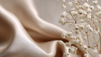 Naklejka premium Elegant Silk Drape and Delicate White Flowers Macro Shot.