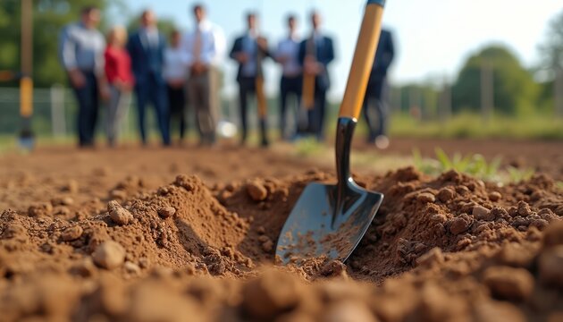 Shovel digs into soil at groundbreaking event. People in suits stand ready, initiating a new construction project, symbolizing future growth and development for a site.