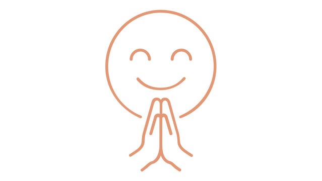 Minimalist vector illustration of a happy smiling face icon with closed eyes and hands pressed together in a prayer or namaste gesture, representing gratitude, peace, mindfulness, and zen.