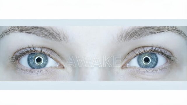Close-up of intense blue eyes staring forward with the word AWAKE overlaid, symbolizing consciousness, alertness, and mental clarity in a high-key minimalist setting.